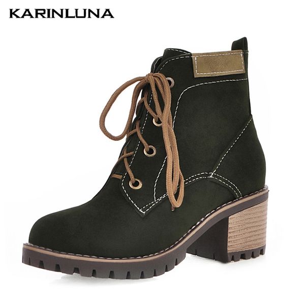 

karin fashion 2020 big size 43 chunky heels ankle boots women shoes shoelaces add fur shoes woman boots female, Black