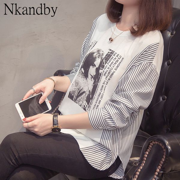 

plus size striped patchwork t-shirt women autumn casual loose graphic tee shirt oversized long sleeve korean tunics, White