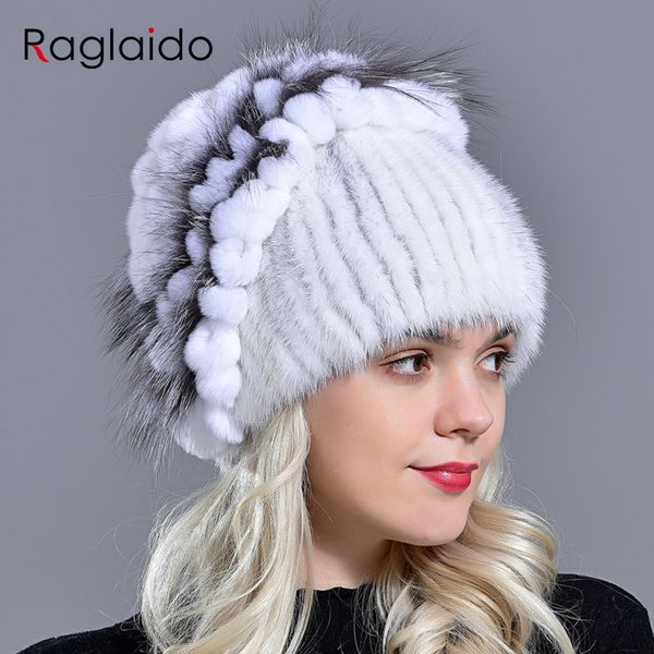 

raglaido russian knittd mink hats for women real fur cap with fur decoration floral beanies stretched snow hat lq11210, Blue;gray