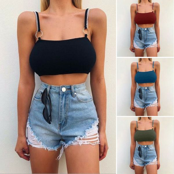 

new style women camis casual vest sleeveless wrap chest bra solid skinny short chains summer casual ring fashion 2019, White
