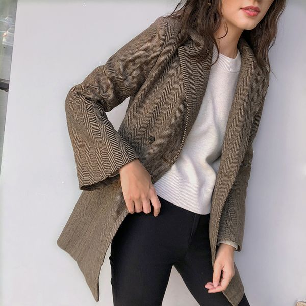 

patchwork lace up vintage women jacket blazer retro loose fashion suit coat with belt 2020 autumn female office lady outwear, White;black