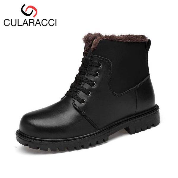 

cularacci size 37-46 men genuine leather plush ankle boots winter warm work boots lace up autumn round toe quality men shoes, Black