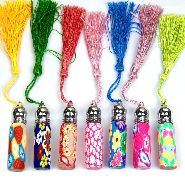 

6ml clay perfume bottle tassel and bead oil bottles empty roller ball bottle car pendant portable aromatherapy bottle container fa3059
