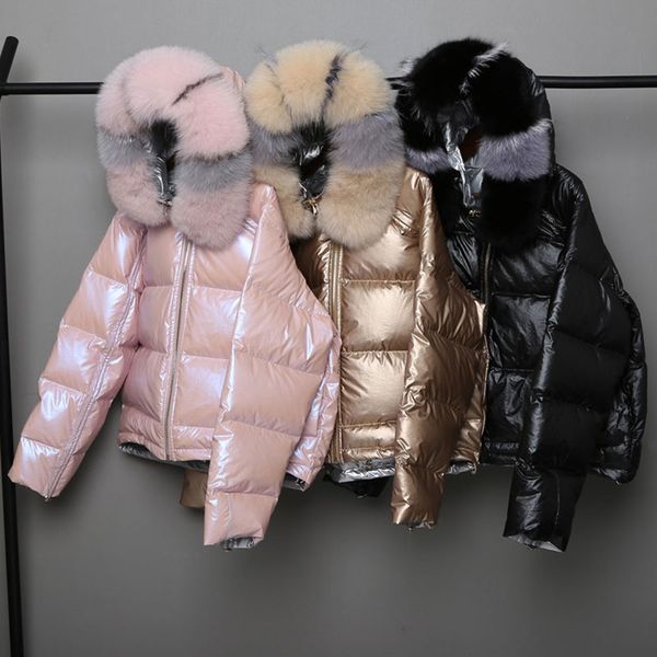 

fashion wear on both sides down coats women casual fur collar hooded zipper outwears winter women's glossy hardy warm jackets, Black