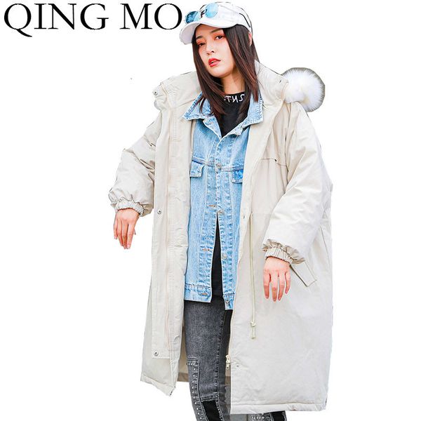 

qing mo yellow white women hooded parkas 2019 women denim patchwork parkas winter thick warm parka with adjustable waist zqy2454, Black