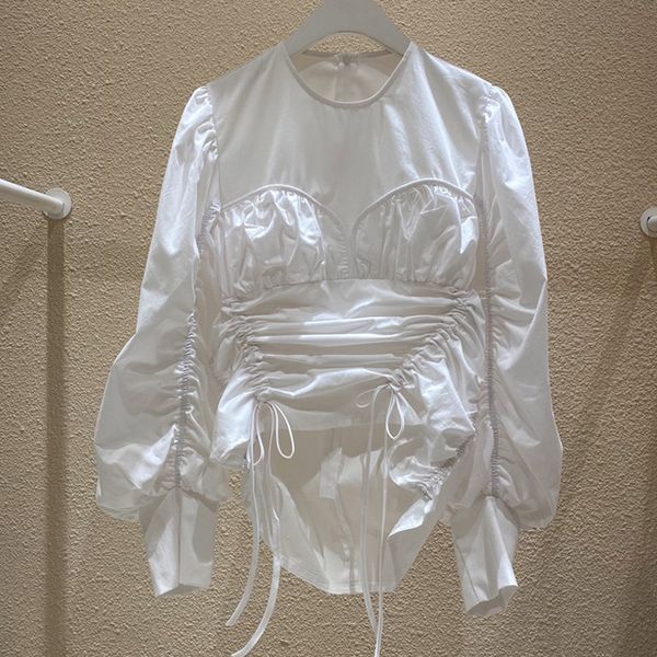 

корейский стиль рубашки женщины сплошной цвет хлопок шнурок кружева весна дамы блузки и топы 2020 новая весна с длинным рукавом, White