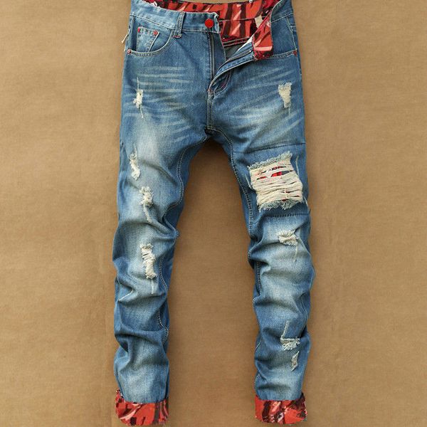 

e-baihui spring and autumn new retro hole jeans men ankle-length pants cotton denim trouser male plus size ripped jeans j123, Blue
