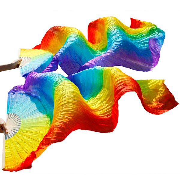 

handmade bamboo ribs dance props silk belly dance fan natural silk 1 pc left hand+1 pc right hand fan rainbow stripes, Black;red