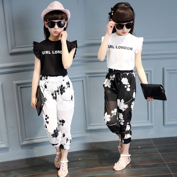 

2018 summer big girls suit girl kids sleeveless princess children clothing set 5 6 7 8 9 10 11 12 13 14 years y190518, White