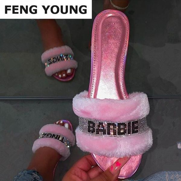 

plush pink home fashion wild hair slippers bright diamond warm sandals female 2020 new flip flop flat with interior slippers, Black