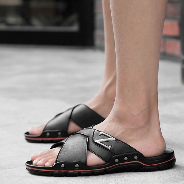 

men slippers fashion summer shoes solid leather platform shoes for beach slides dd118, Black