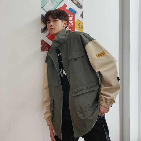 

2019 spring men's spelling color coats work cargo clothes printing streetwear bomber jackets loose windbreaker outerwear, Black;brown