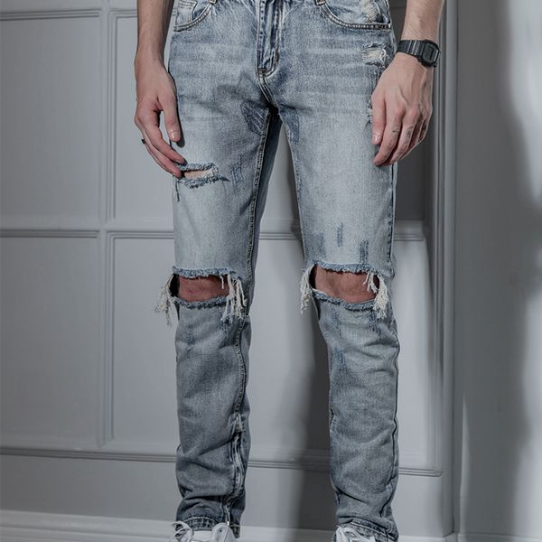 

pants with zipper at the bottom, holes in the knees, jeans hip-hop hip-hop men's high street chic pants, baggy pants, Blue