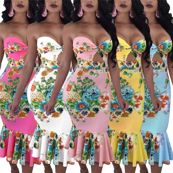 

Women Summer Floral Printed Dress Female Sexy Night Club Strapless Bodycon Dresses Fashion Designer Mermaid Dresses
