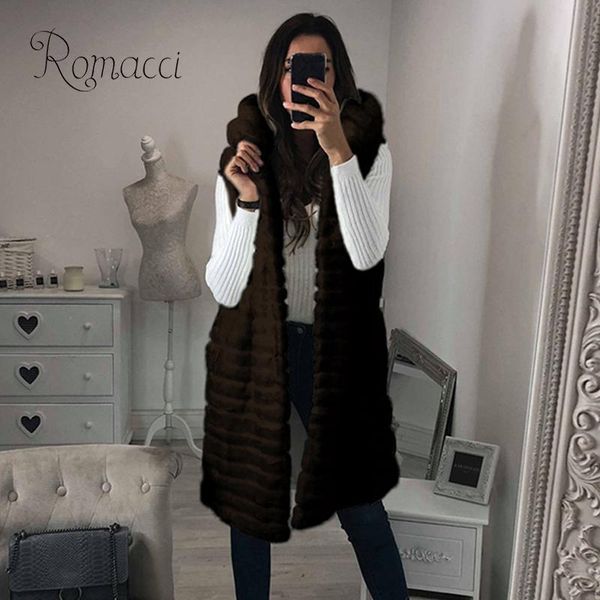 

faux fur jacket women fluffy solid color stripes hooded neckline sleeveless long vest women elegant winter outerwear gilet femme, Black;white