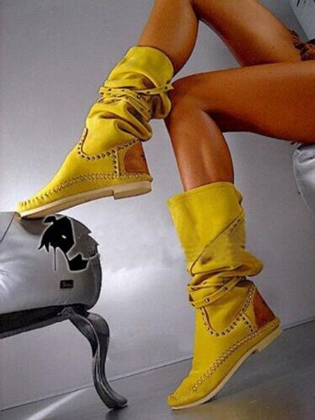 

fashion yellow white rivets studded knee high suede leather winter boots round toe flat heel woman shoes, Black