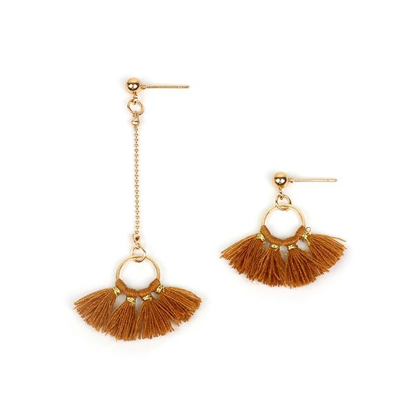 

holiday wind red fan pendant long cotton tassel earrings bohemian super fairy temperament clown asymmetric earrings, Golden;silver