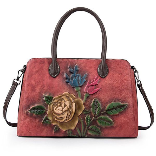 

chinese style flower rose women genuine leather handbag female real leather shoulder bag lady large totes party travel bags