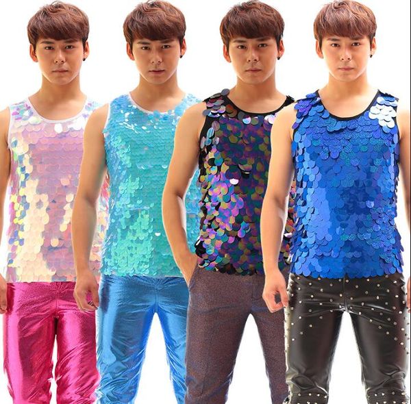 

multicolored summer style personality slim male sequins vest men punk rock costumes singer dance stage fashion street star style, Black;white