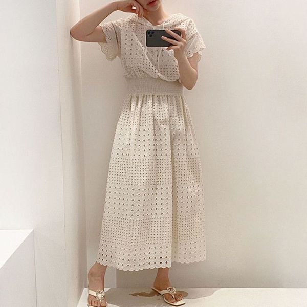 

[ewq] 2020 new summer women vintage loose thin elegant hollow out with cap maxi dress simple fashion trend ladies robe, Black;gray