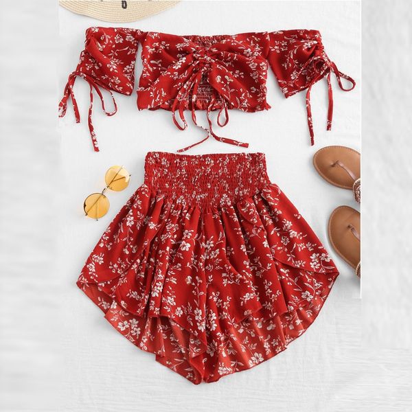 

women set off shoulder cinched print short sleeves crop two piece set summer style draped short pants beach boho suits, White