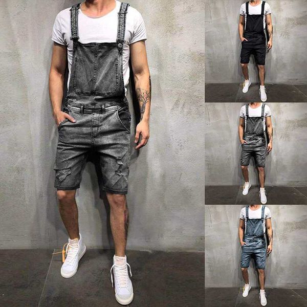 Oversize Herren zerrissene Jeans Overalls kurze Hosen Sommer Street Style Distressed Denim Latzhose Hosenträger kurze Hosen