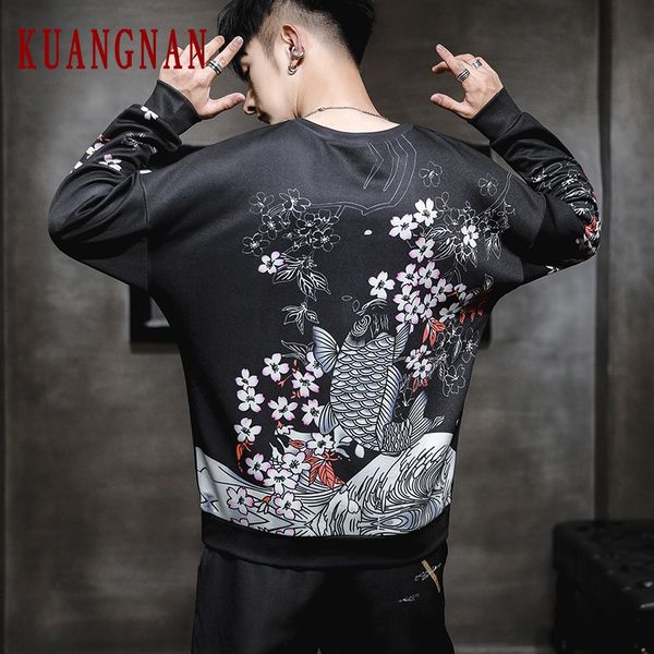 

kuangnan carp print sweatshirt men streetwear hip hop harajuku sweatshirts men clothing sweatshirt 5xl 2019 autumn new, Black