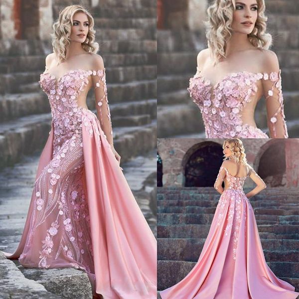 

blush overskirt dresses evening wear mermaid off the shoulder formal dress with sleeves 3d applique tulle beaded long prom gowns, Black