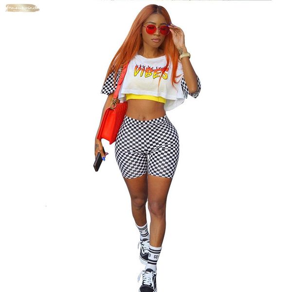 

summer women vibes print white v-neck grid crop short black fashion elastic waist 2 two pieces sets suit xd9711, Gray