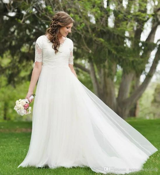 

a-line lace tulle beach modest wedding dresses short sleeves simple summer garden informal reception bridal gowns mature bride, White