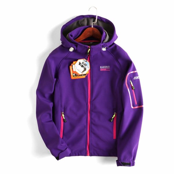 

autumn women's soft shell outdoor jacket waterproof windproof breathable fleece warm coat camping hiking jacket, Blue;black