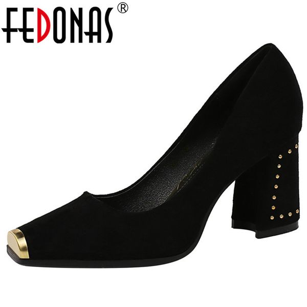 

fedonas metal square toe women flock pumps spring summer brand high heels basic prom party shoes woman rivets rome shoes, Black