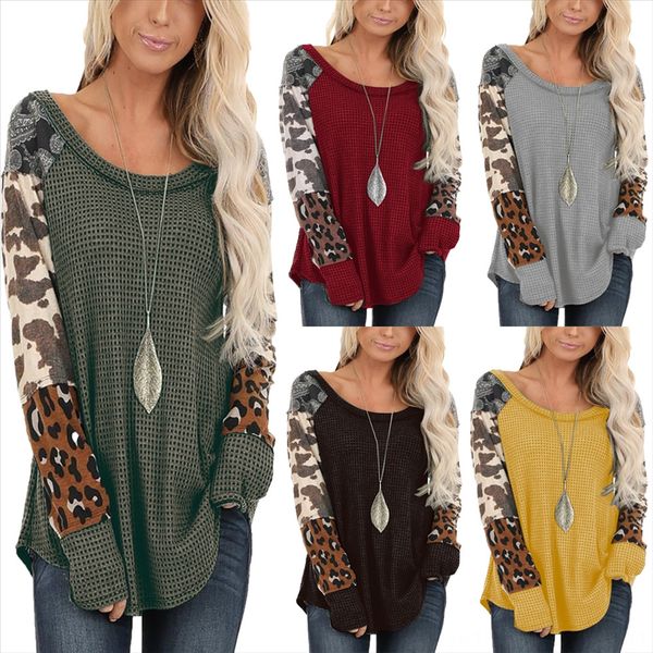 

2019 wear round collar color leopard print long sleeve t-shirt 2019 women's wear women's round collar color leopard print long sle, White