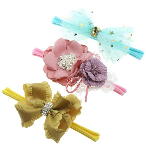 

hair accessories satin bows headbands set girls tulle flowers nylon hairbands children gifts lace diy headwrap, Slivery;white