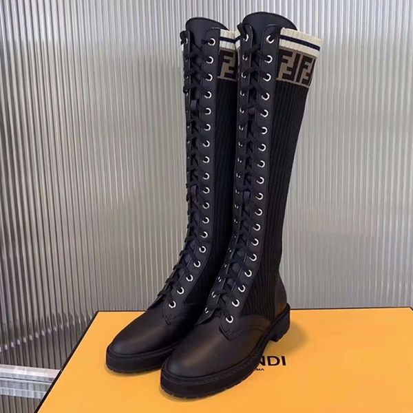 

2020 new autumn and winter leather stitching high boots women's straps wild socks boots custom flat knit simple boots, Black