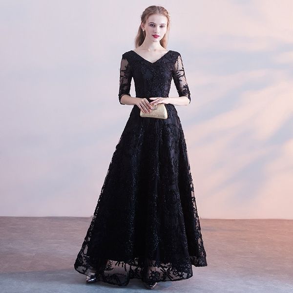 

elegant black v-neck long evening dresses prom gowns formal party dress half sleeve lace up vestido de festa 2019, White;black