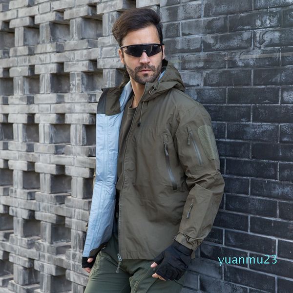 

wholesale-man outdoor hoodie hard shell hiking camping jackets tactical sports coat multi-pocket rip-swindbreaker jackets, Blue;black