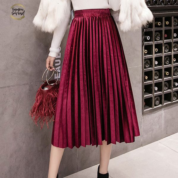 

large velvet swing long pleated women skirts plus size skirts faldas saia fashion female skirt jupe, Black