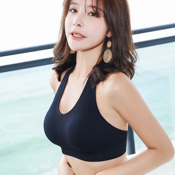 

ladies halter full cup bra elastic waist removable pad underwear deep u push up active bras backless wire bralette, Red;black