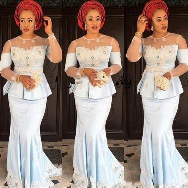

2021 mermaid prom formal dresses with long sleeve glamorous aso ebi styles lace applique with peplum trumpet african evening gown, Black;red
