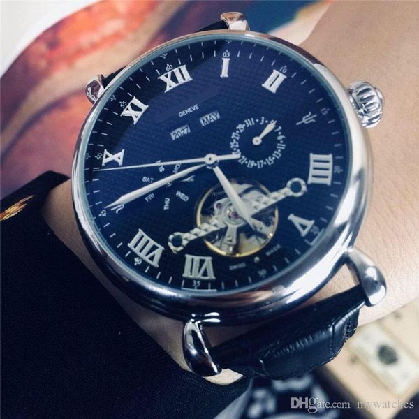 

business mens watches mechanical automatic movement 42mm daydate flywheel dial genuine leather strap watch for men's montre, Slivery;brown