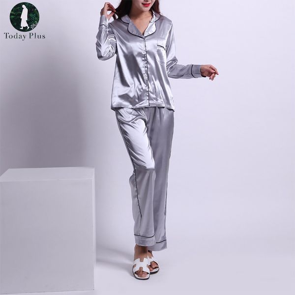

women patchwork pajama sets turn-down collar silk lounge spring casual long sleeve 5 colors sleepwear pajama sets all seasons, Blue;gray