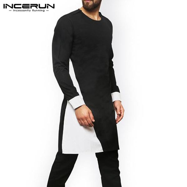 

men shirts vintage patchwork long sleeve kurtas leisure 2020 o neck long streetwear mens muslim kaftan s-5xl incerun, White;black