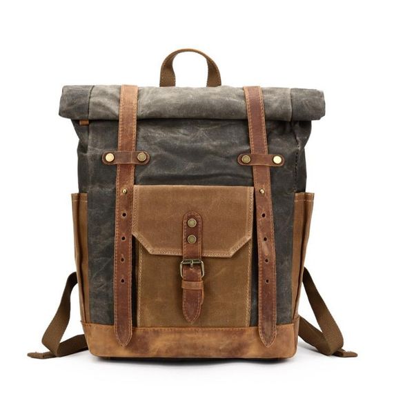 

dropship vintage oil waxed canvas leather backpack large capacity teenager traveling waterproof daypacks 14" lap rucksack