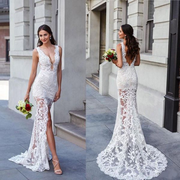 

mermaid wedding dresses deep v neck backless bride dress see through split front beach bridal gown robes de mariée, White