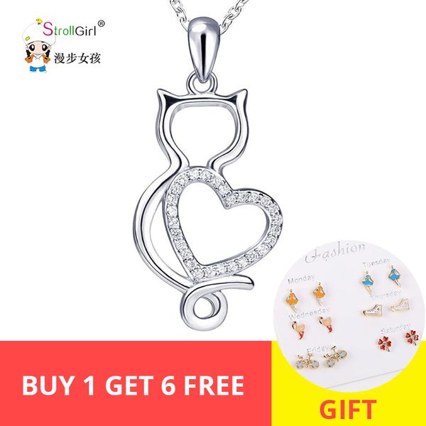 

strollgirl new 100%925 sterling silver animal cat chain pendant and necklace cubic cz diy craft fashion jewelry making lover gif