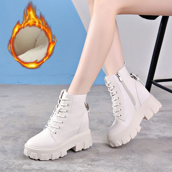 

women's boots autumn boots-women shoes woman winter shoes leather booties luxury designer round toe lace up 2019 2020 lolita, Black