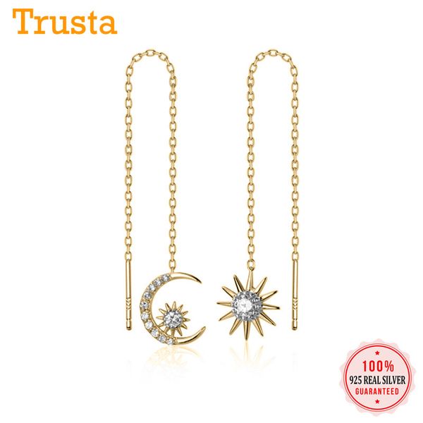 

trustdavis fashion genuine 925 sterling silver asymmetrical sun moon linked 10cm ear line for women silver 925 jewelry ds2113, Golden;silver