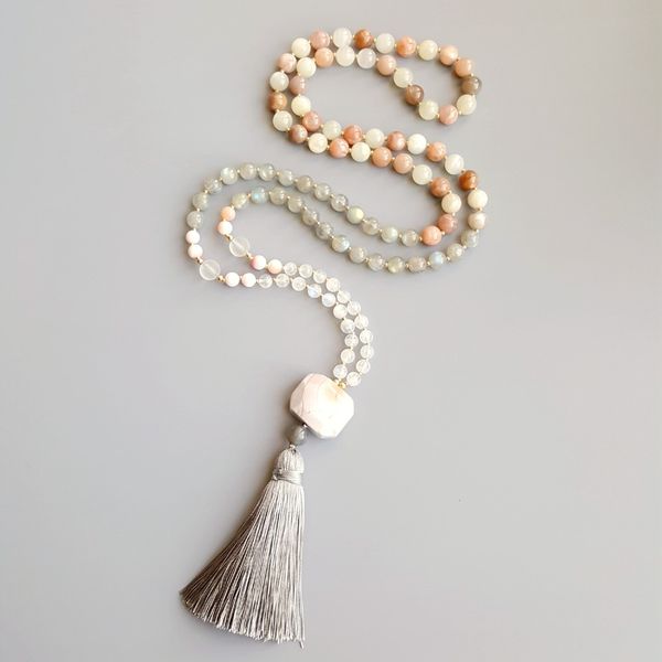 

lii ji nautral moonstone labradorite sunstone pink botswana agate tassel bohemia long handmade necklace yoga necklace, Silver