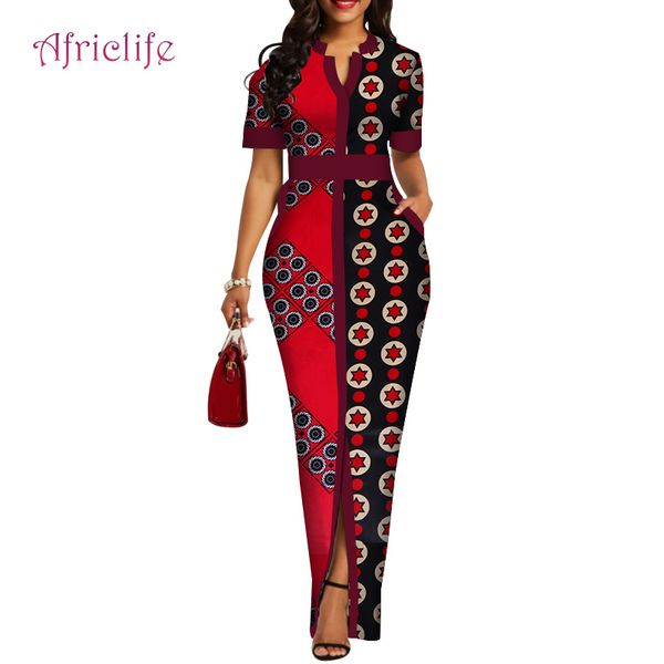 

summer v necklace women long dress slim african clothes for women short sleeve skirt clothes wy4424, Red